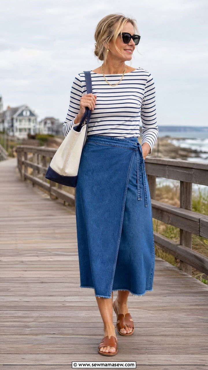 Wrap denim skirt with striped tee - 35 Skirt outfit ideas for women over 50