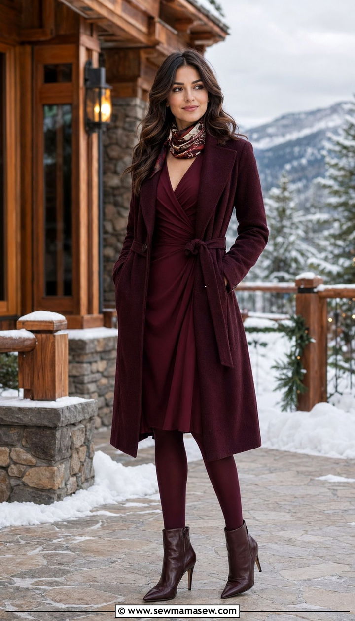 Wrap dress and belted wool coat outfit - 35 Mountain vacation outfit ideas