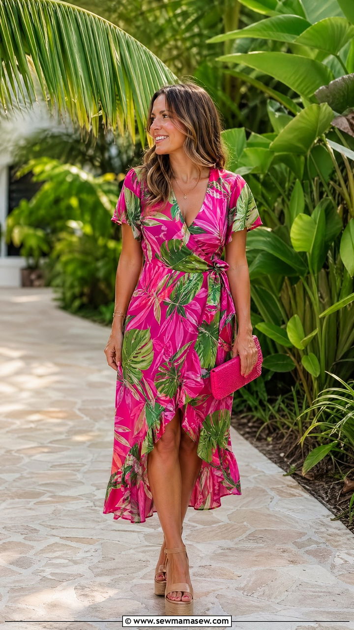 Wrap dress in tropical print and platform sandals - 35 summer wedding guest outfit ideas