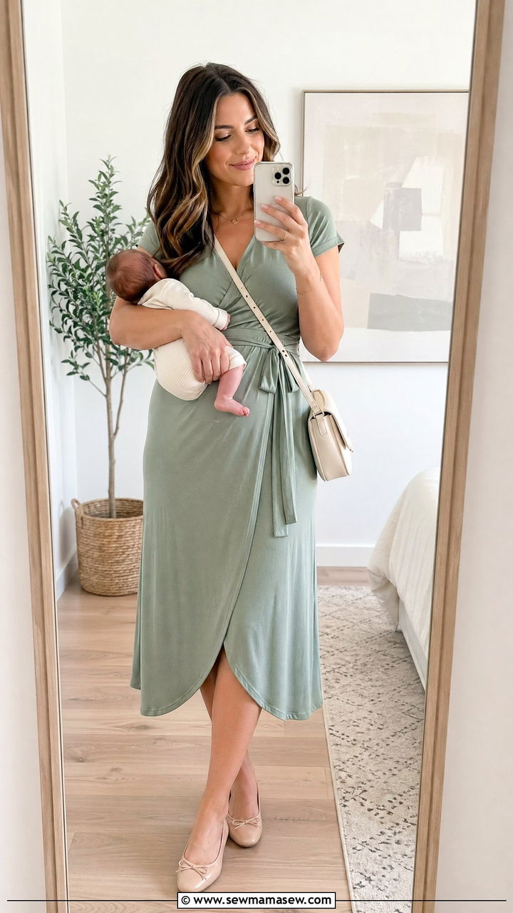 Wrap dress with ballet flats - 35 spring outfits for new moms