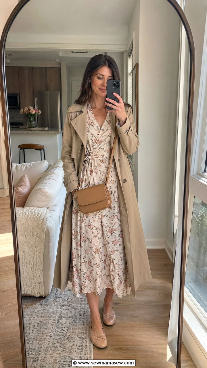 Wrap dress with lightweight trench coat - 35 Spring business casual outfits for women
