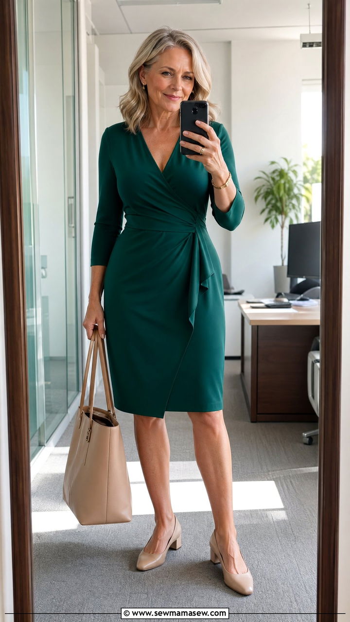 Wrap dress with low heels - 35 Work outfits for women over 50