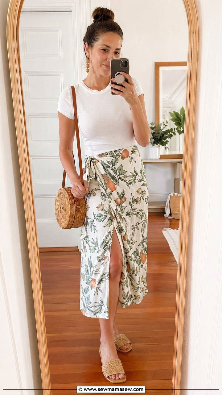 Wrap skirt and fitted tee summer outfit - 35 summer vacation outfit ideas