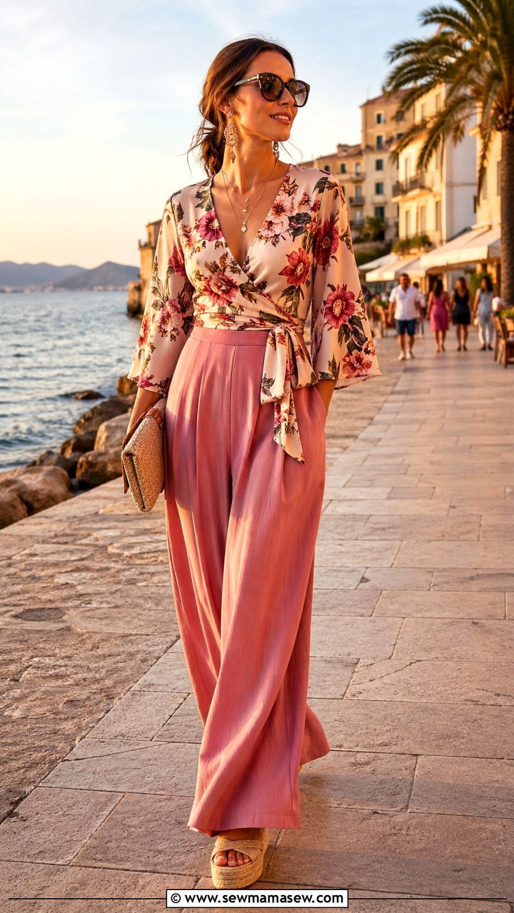Wrap top with palazzo pants outfit - 30 romantic capsule wardrobe outfits