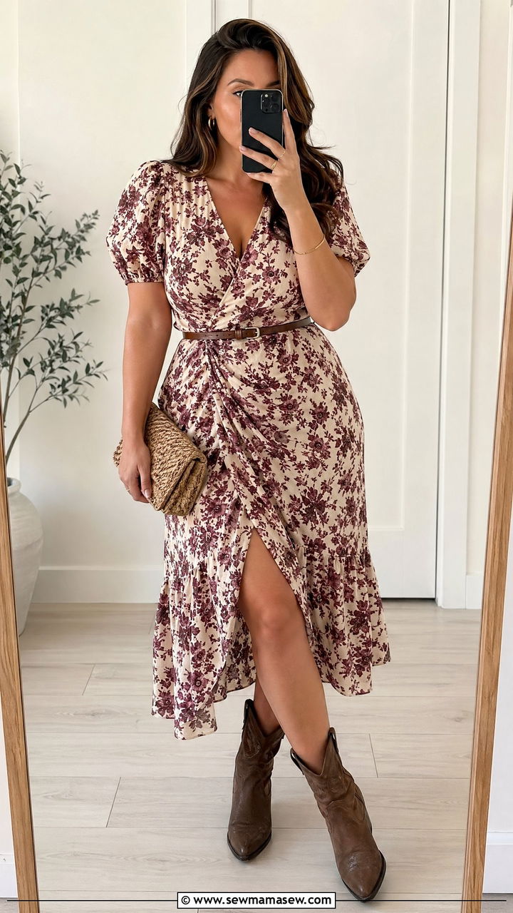 Wrapped Floral Dress With Ankle Cowboy Boots - 35 western outfit ideas for women