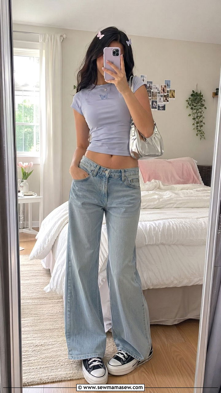 Y2K inspired baby tee with low rise wide leg jeans and platform shoes - 35 Spring outfits for teens