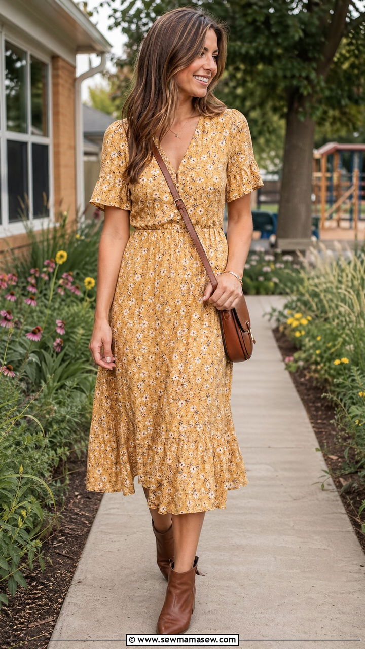 Yellow Floral Midi Dress with Ankle Boots and Crossbody Bag - 35 Summer teacher outfits