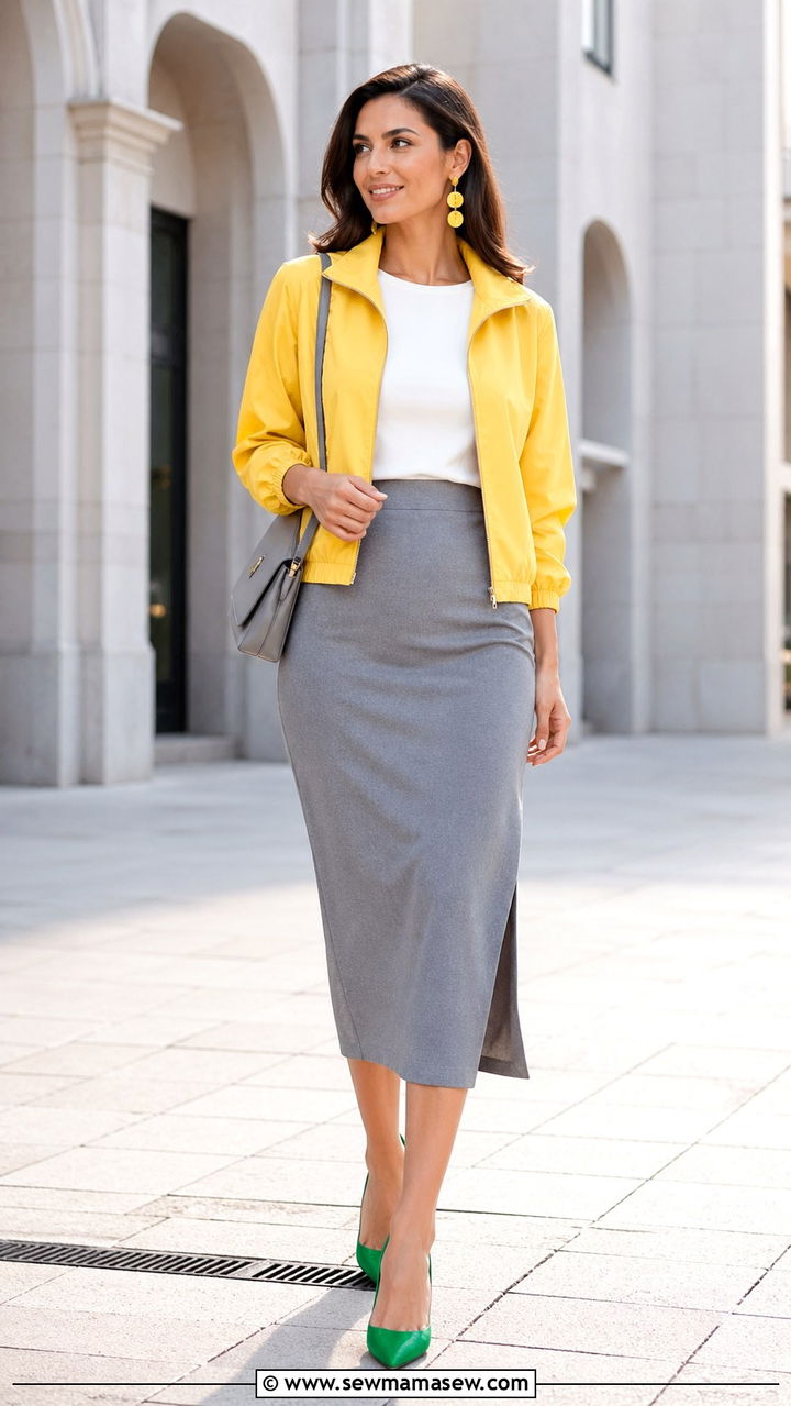 Yellow Jacket with Grey Skirt and Emerald Green Heels - 30 spring color blocking outfit ideas