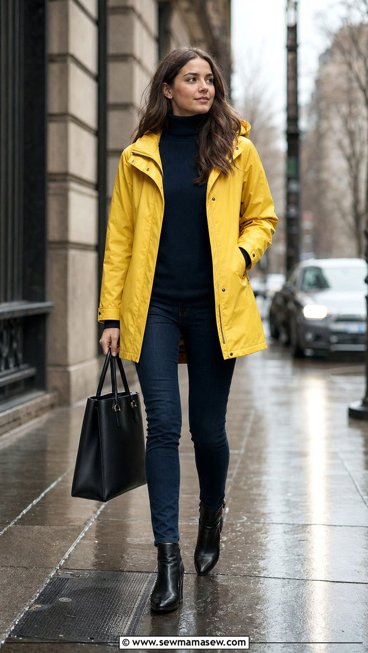 Yellow Raincoat with Dark Jeans and Ankle Boots - 35 rainy day outfit ideas