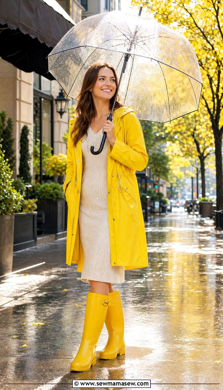 Yellow Raincoat with Matching Rain Boots and Clear Umbrella - 35 rainy day outfit ideas