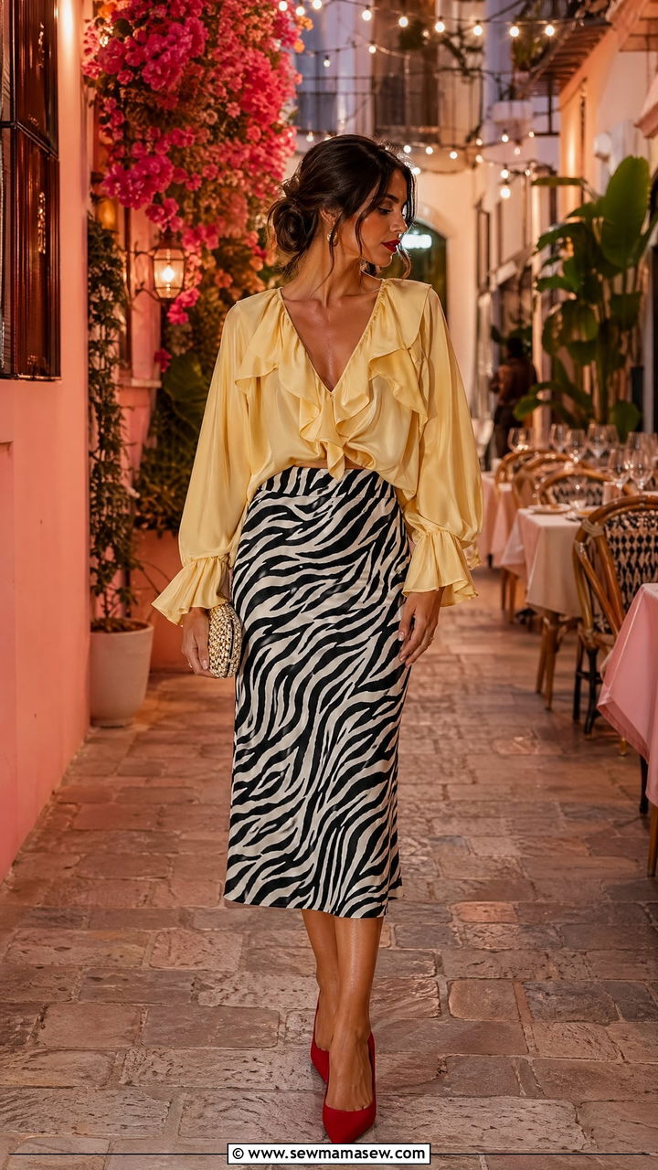 Yellow Statement Blouse With Zebra Midi Skirt - 35 spring dinner outfit ideas