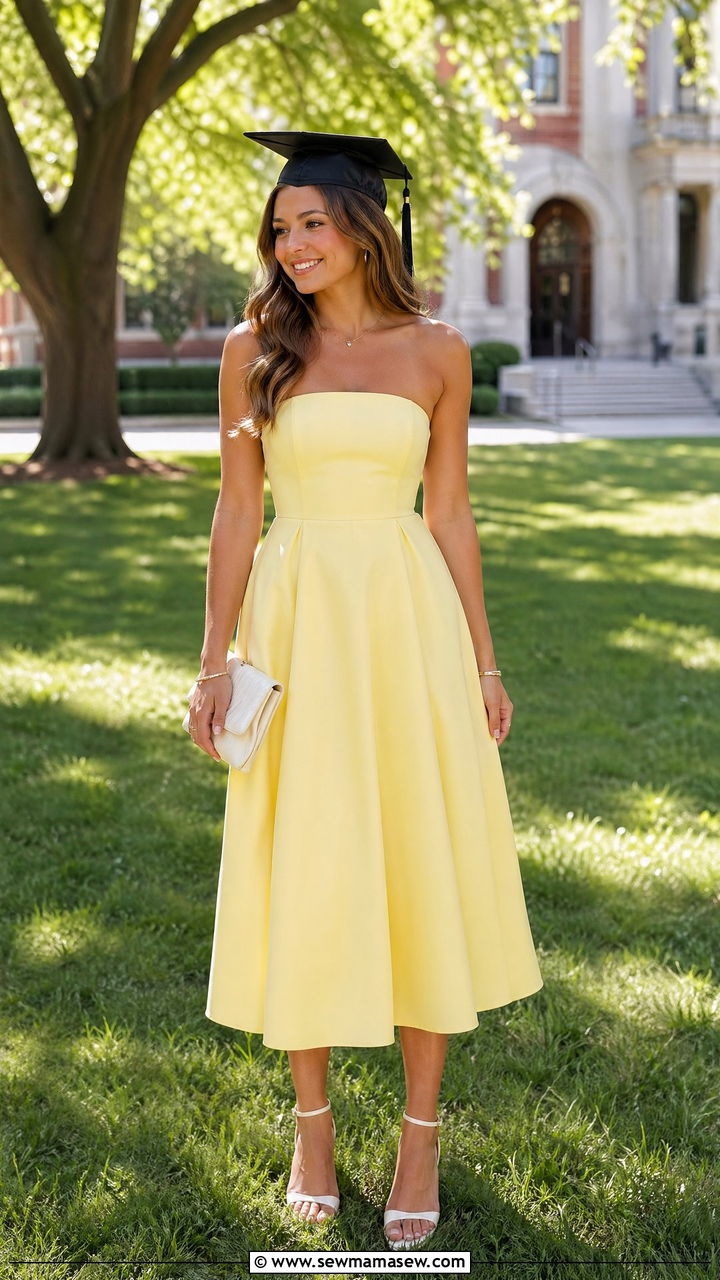 Yellow Strapless Midi Dress For Spring Graduation - 35 spring graduation outfit ideas