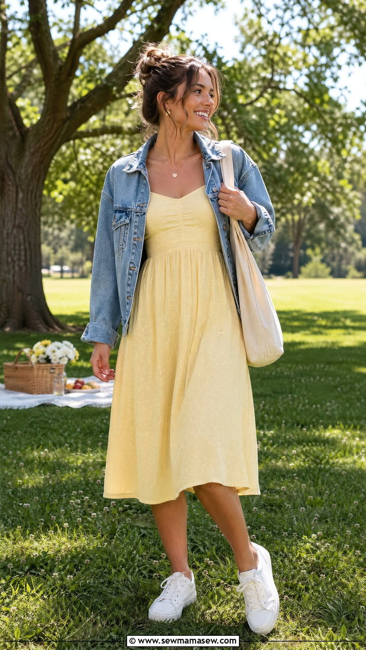 Yellow Sundress With White Sneakers And Denim Jacket - 35 Summer outfits with sundresses
