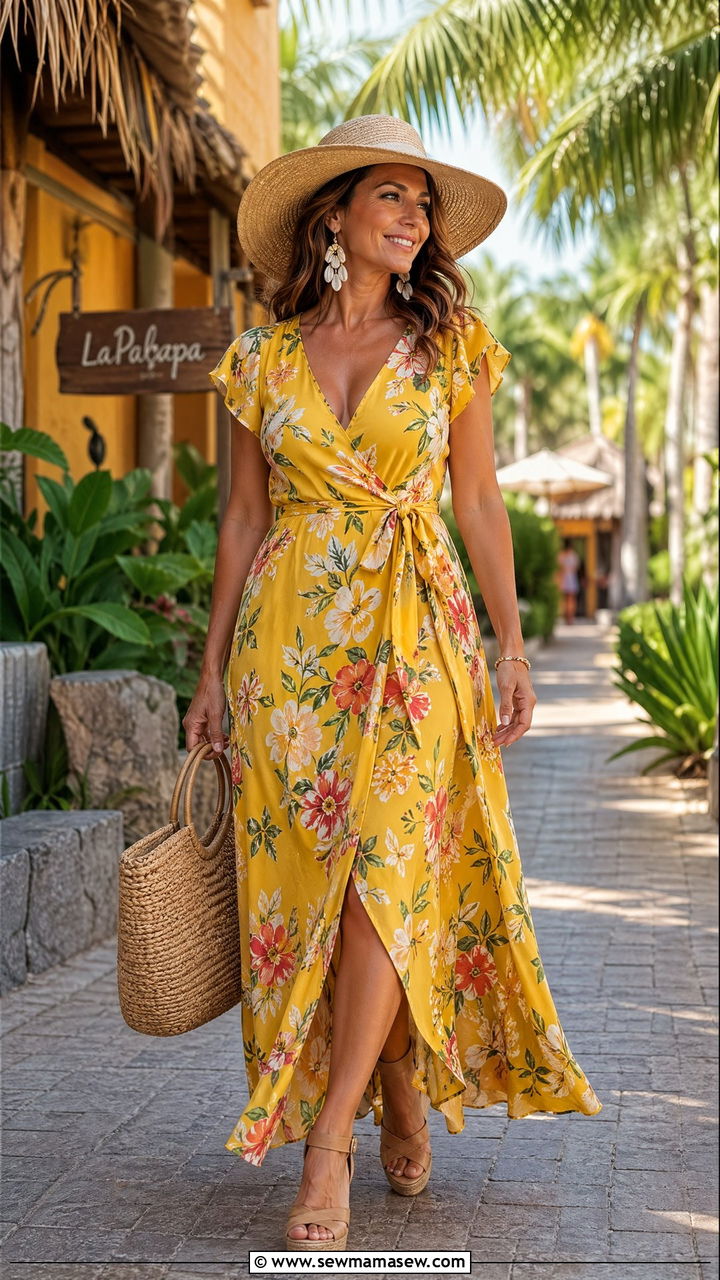 Yellow floral maxi dress with woven accessories outfit - 35 summer outfits for women over 30