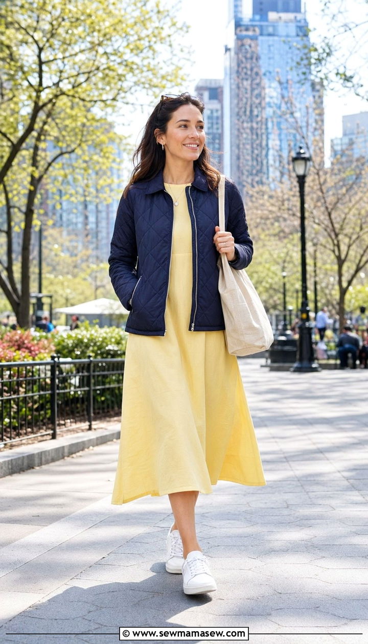 Yellow midi dress and blue quilted jacket - 30 Blue and yellow outfit ideas