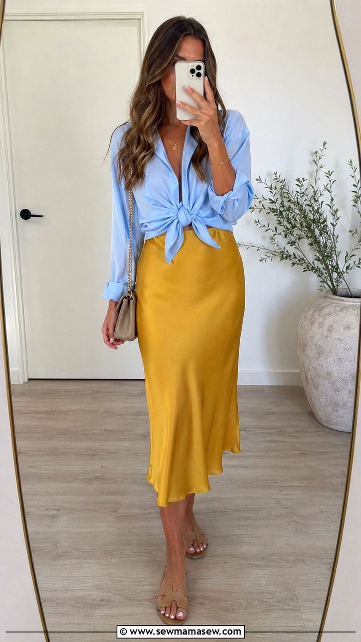 Yellow slip skirt with blue button down - 30 Blue and yellow outfit ideas