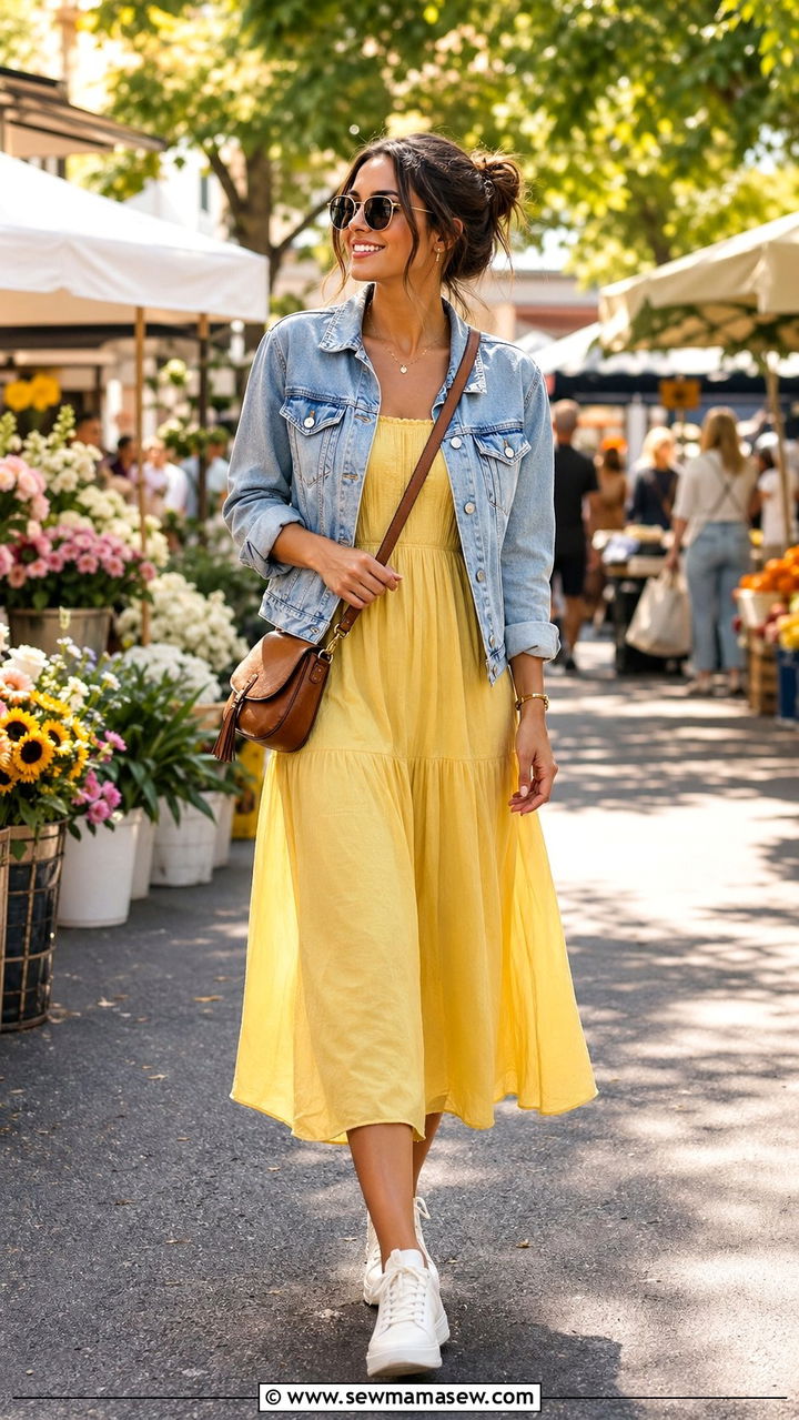 Yellow sundress and denim jacket - 30 Blue and yellow outfit ideas
