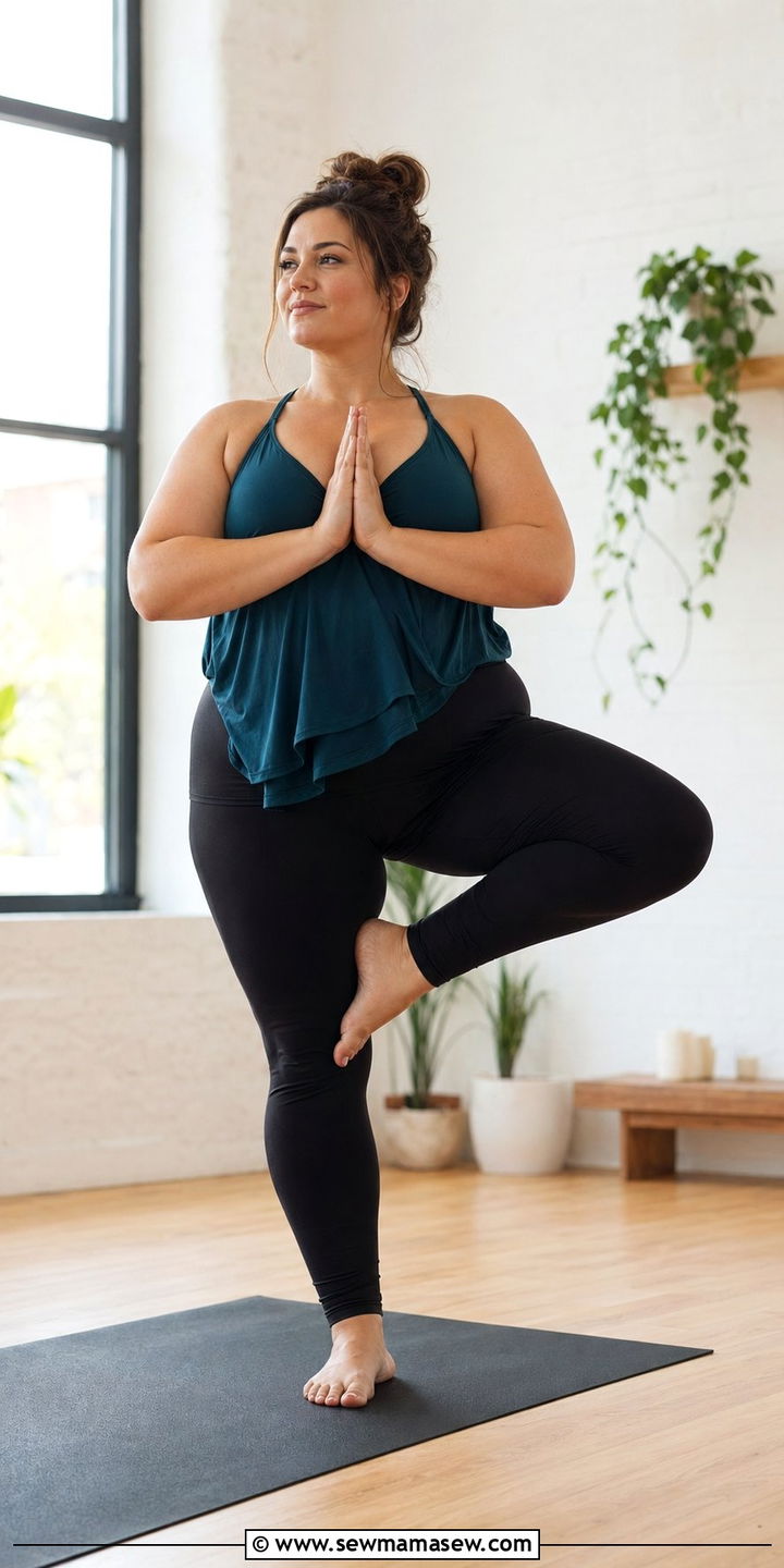 Yoga Pants With Flowy Athletic Top - 35 Plus size workout outfit ideas