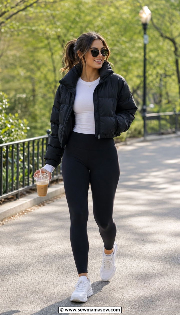 Yoga pants with long sleeve tee and puffer jacket outfit - 30 Athleisure outfit ideas for work from home