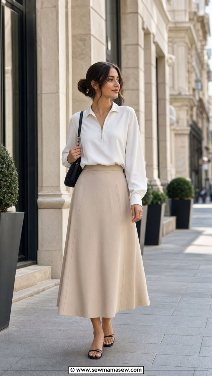 Zip Neck Blouse and A Line Midi Skirt Modest Outfit - 35 modest classy outfits aesthetic