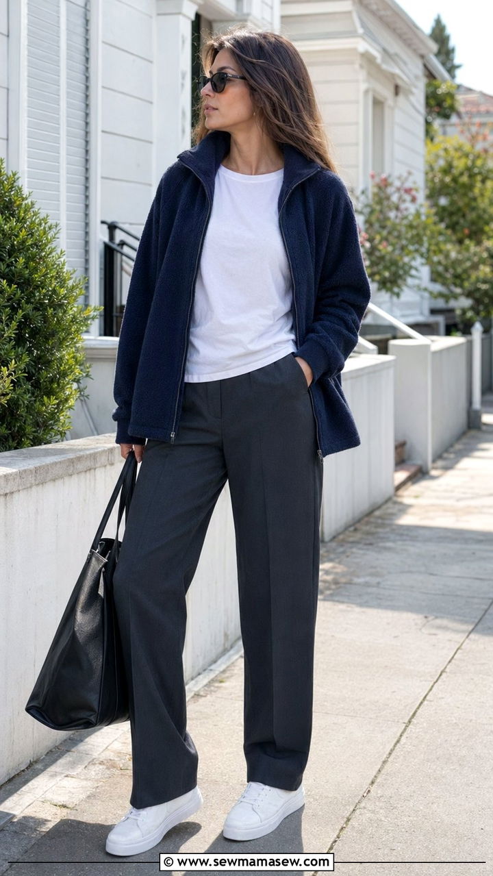 Zip Up Fleece and Straight Leg Pants With Sneakers - 35 Normcore outfit ideas