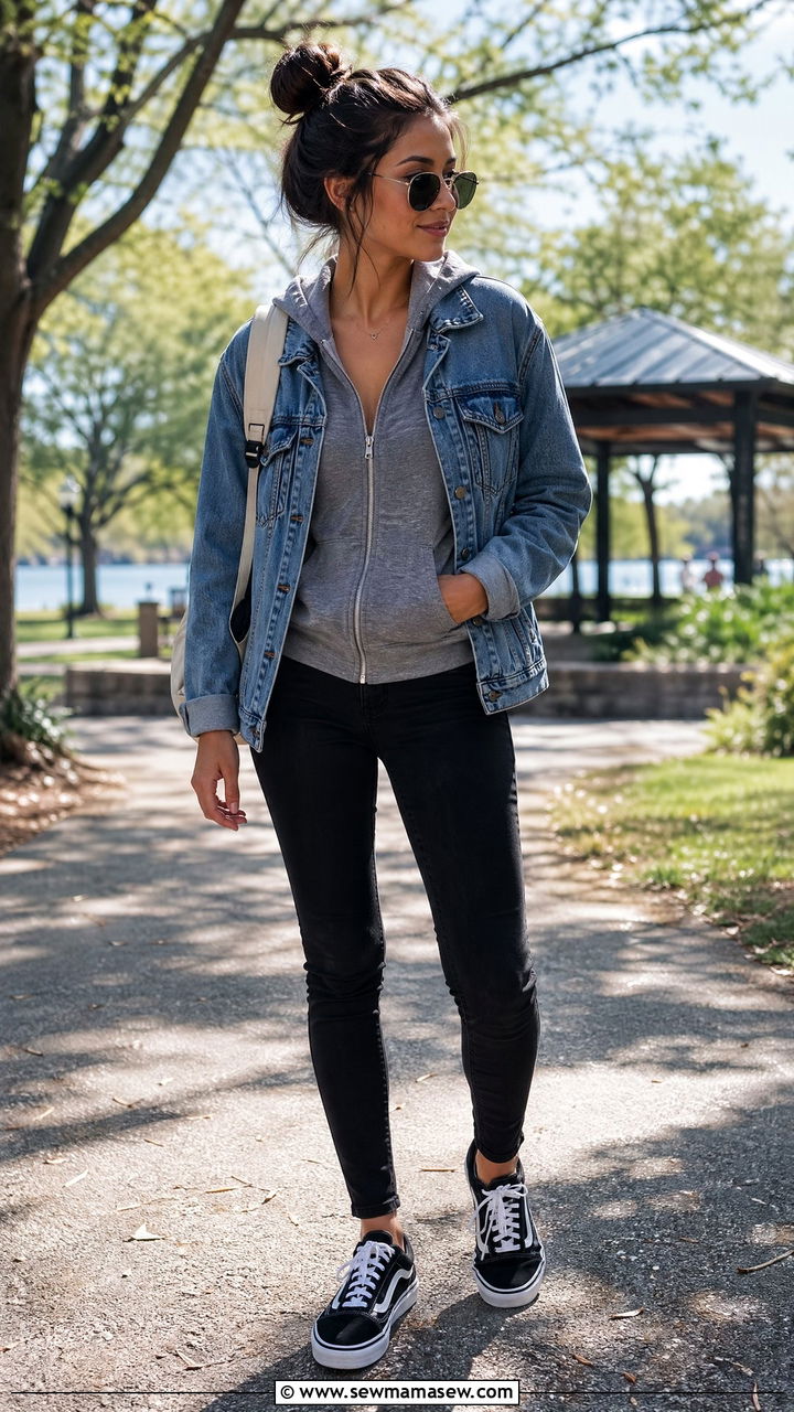 Zip Up Hoodie Layered Under a Denim Jacket - 35 Zip up hoodie outfit ideas