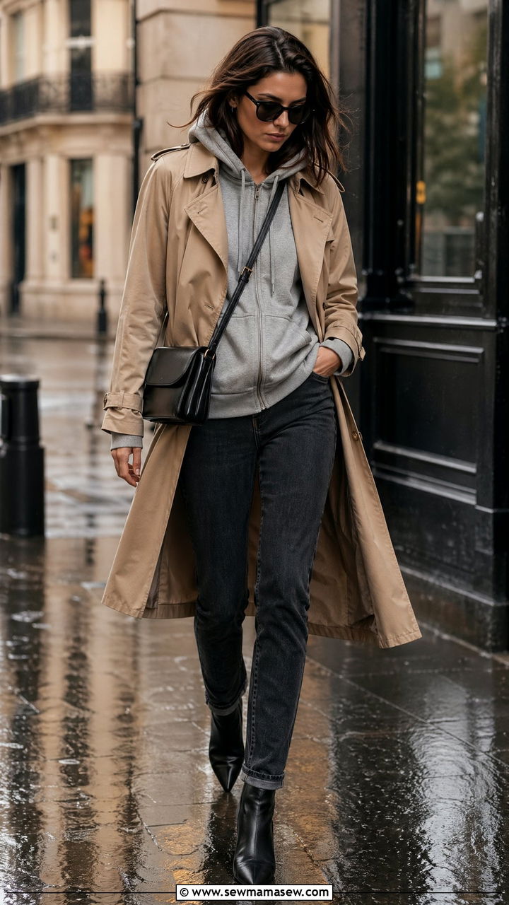 Zip Up Hoodie Layered Under a Trench Coat - 35 Zip up hoodie outfit ideas