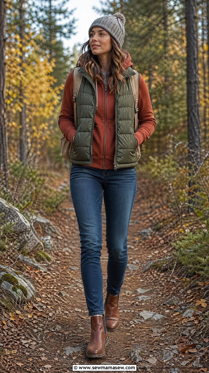 Zip Up Hoodie Layered with a Puffer Vest and Jeans - 35 Zip up hoodie outfit ideas
