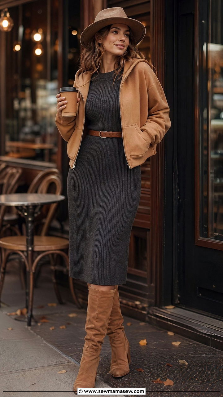 Zip Up Hoodie Over a Ribbed Knit Dress with Boots - 35 Zip up hoodie outfit ideas