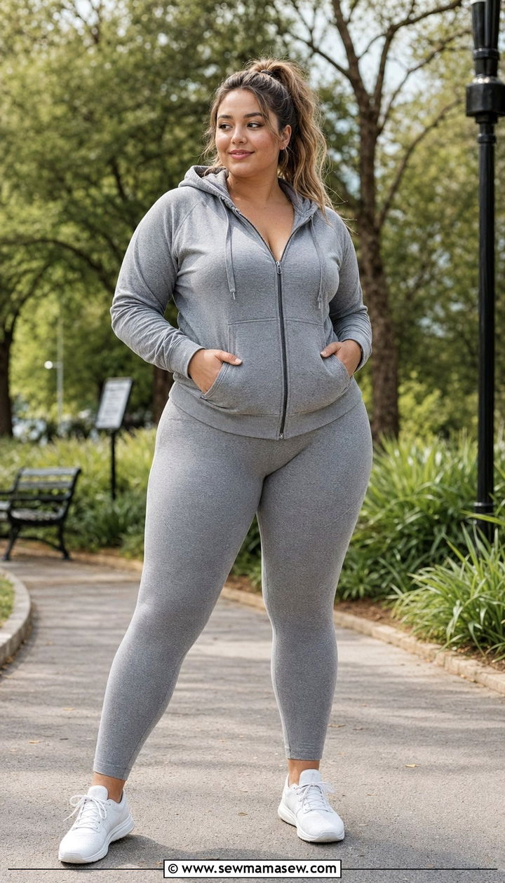 Zip Up Hoodie With Matching Leggings - 35 Plus size workout outfit ideas