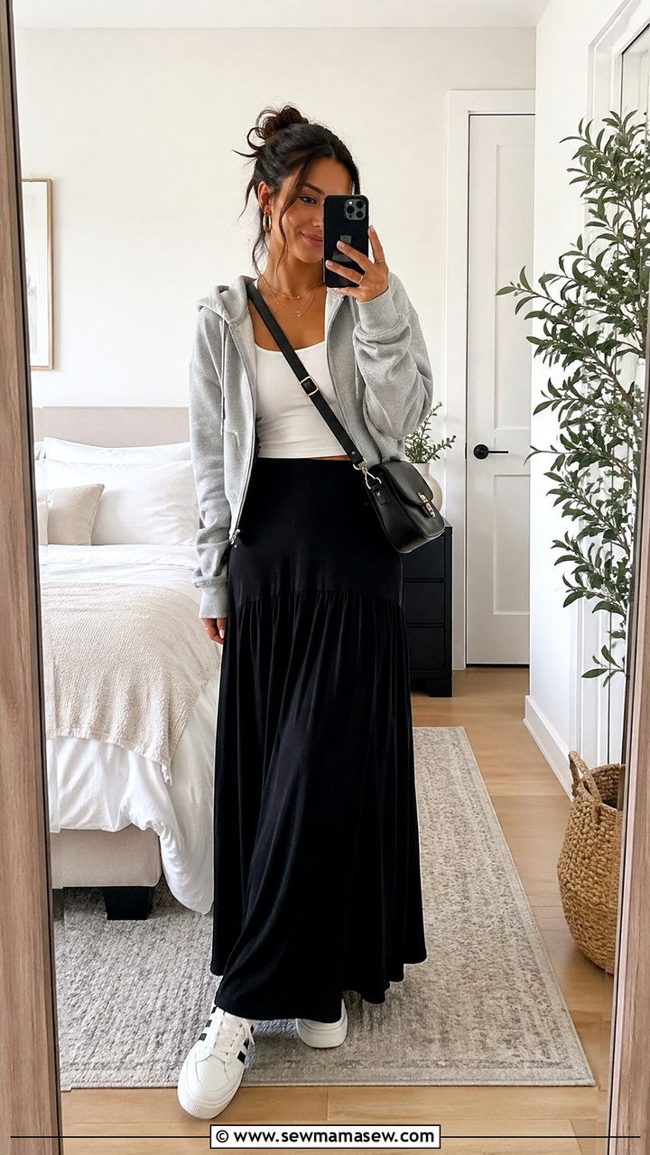 Zip Up Hoodie With Maxi Skirt - 30 sporty chic outfits inspo