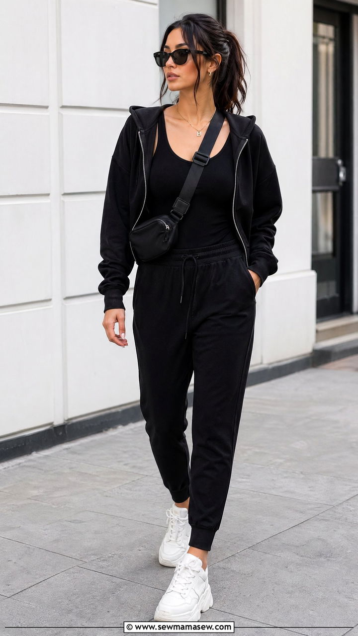 Zip Up Hoodie with Black Joggers and Chunky Sneakers - 35 Zip up hoodie outfit ideas