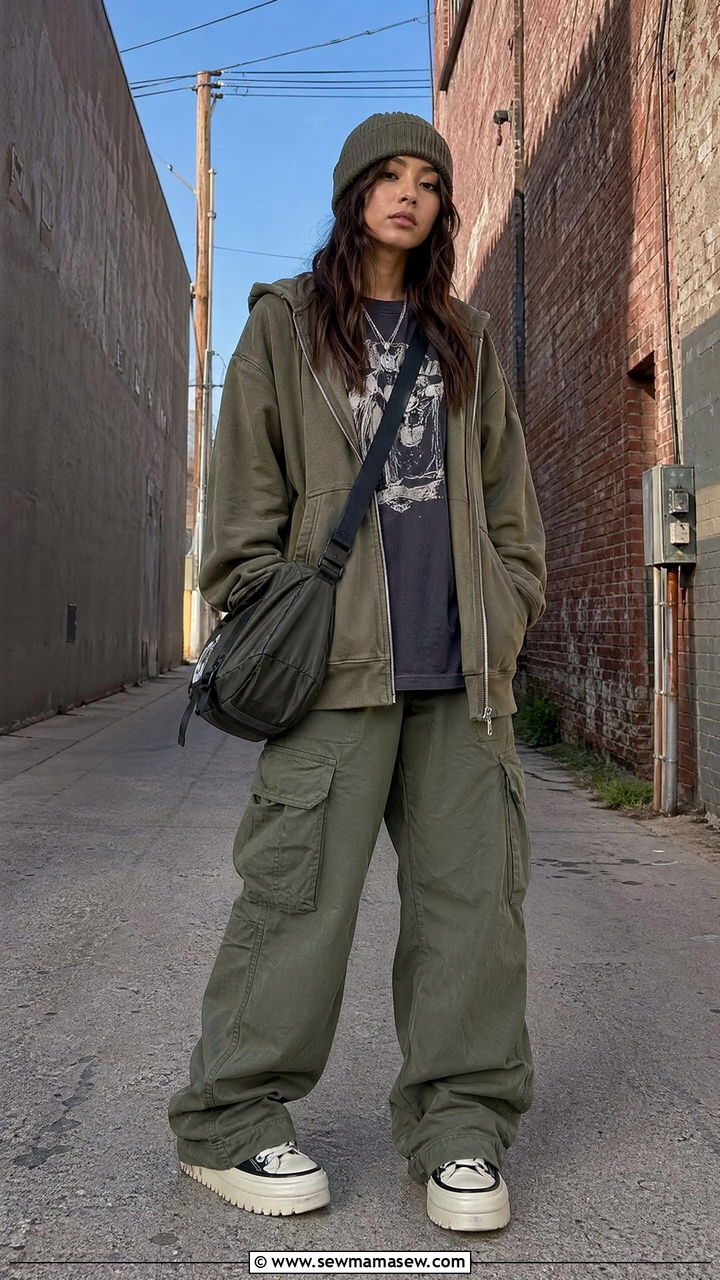 Zip Up Hoodie with Cargo Pants and Platform Sneakers - 35 Zip up hoodie outfit ideas