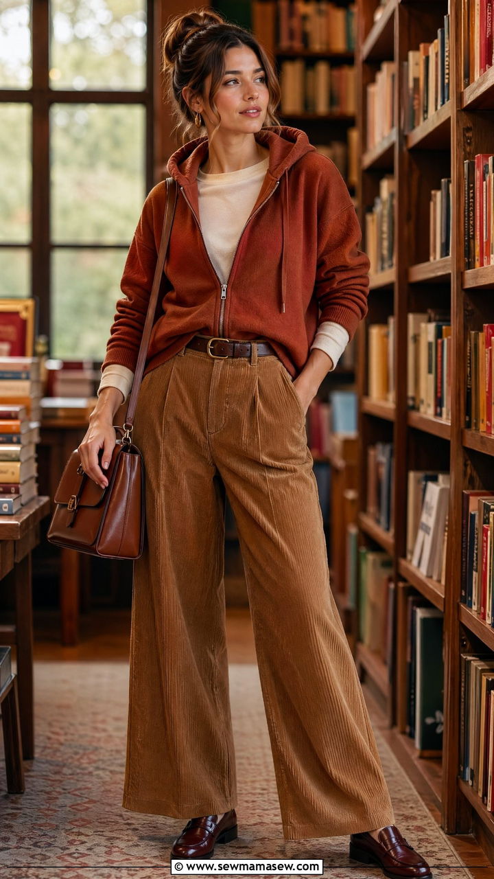Zip Up Hoodie with Corduroy Pants and Loafers - 35 Zip up hoodie outfit ideas