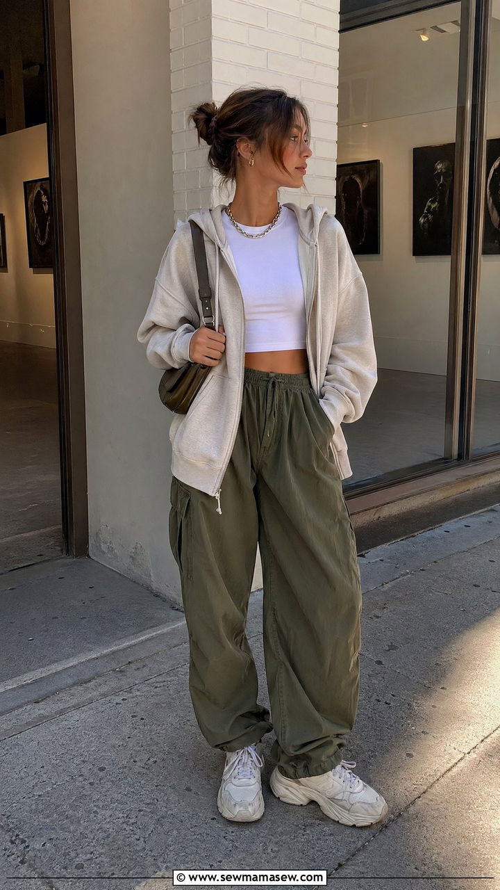 Zip Up Hoodie with Parachute Pants and Dad Sneakers - 35 Zip up hoodie outfit ideas