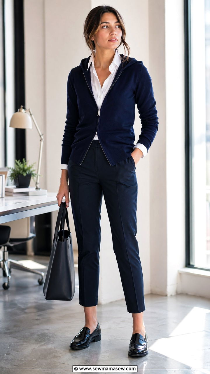 Zip Up Hoodie with Tailored Trousers and Loafers - 35 Zip up hoodie outfit ideas