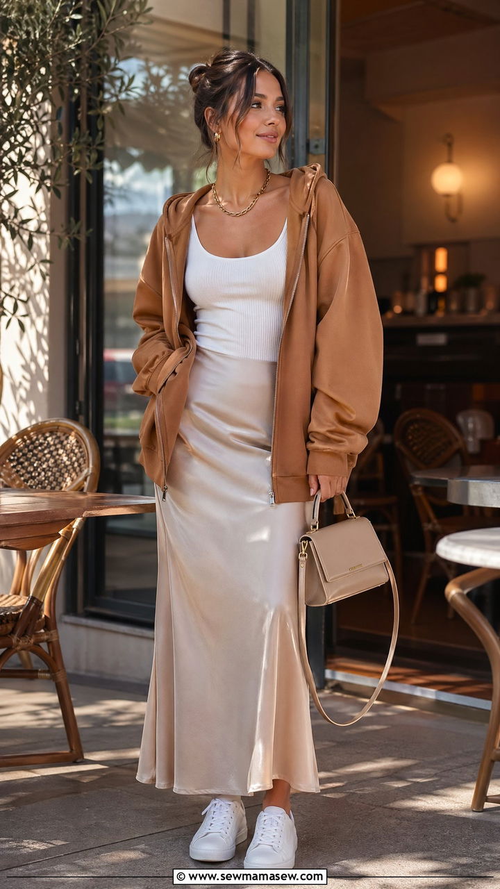 Zip Up Hoodie with a Satin Slip Skirt and Sneakers - 35 Zip up hoodie outfit ideas