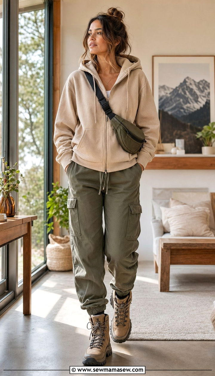 Zip up hoodie with cargo joggers and hiking boots outfit - 30 Athleisure outfit ideas for work from home