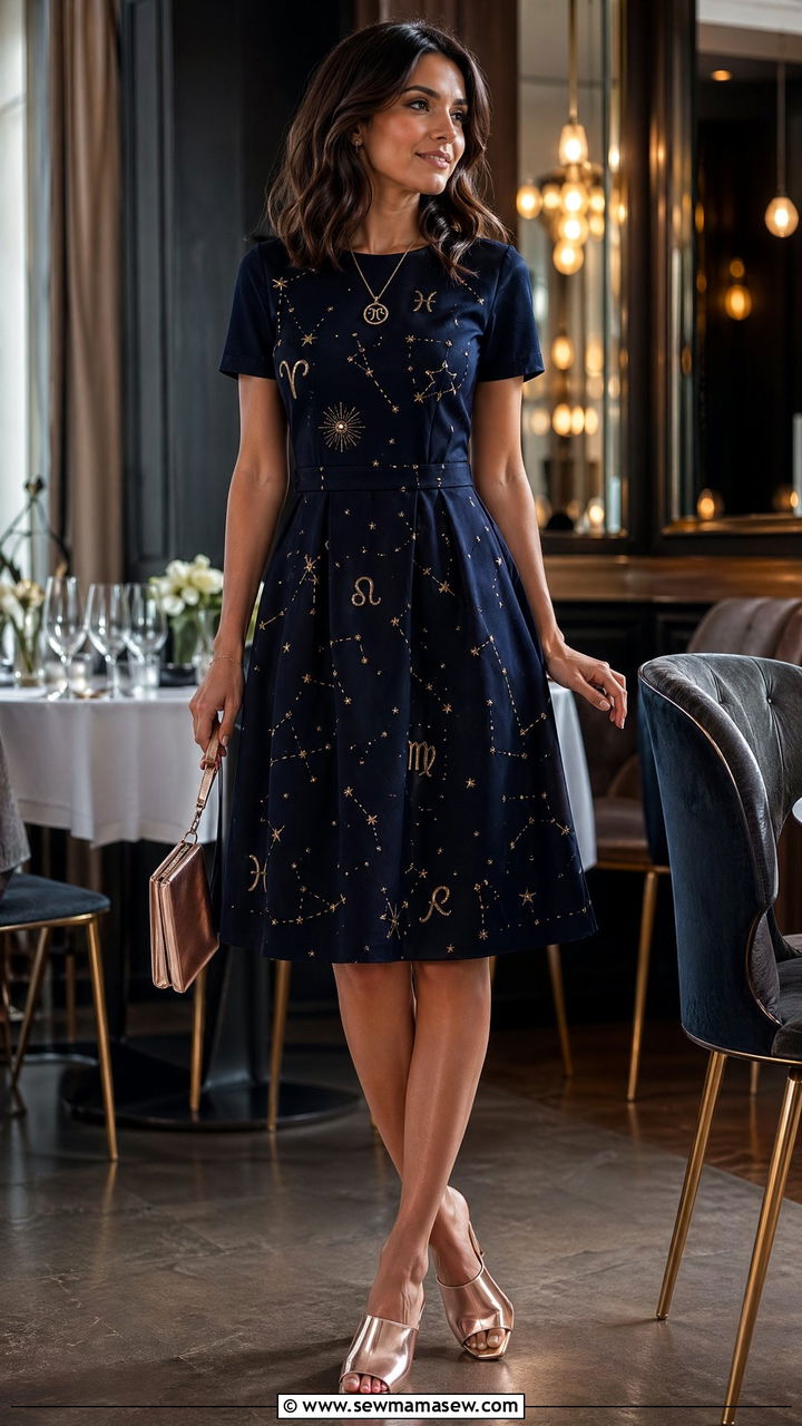 Zodiac Motif Dress And Metallic Mules - 35 celestial outfits ideas