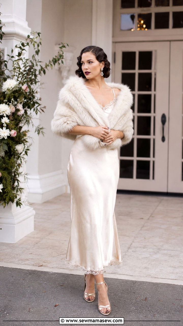 1930s Satin Slip Dress With Faux Fur Wrap - 30 Vintage wedding guest outfits