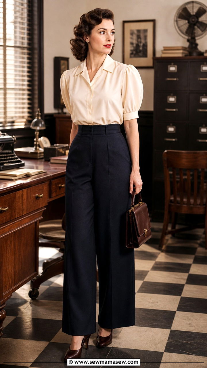 1940s High Waisted Trousers And Blouse Outfit - 40 Vintage outfit ideas