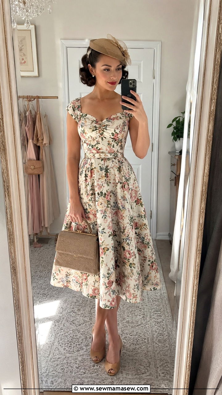 1940s Tea Dress With Peep Toe Pumps - 30 Vintage wedding guest outfits