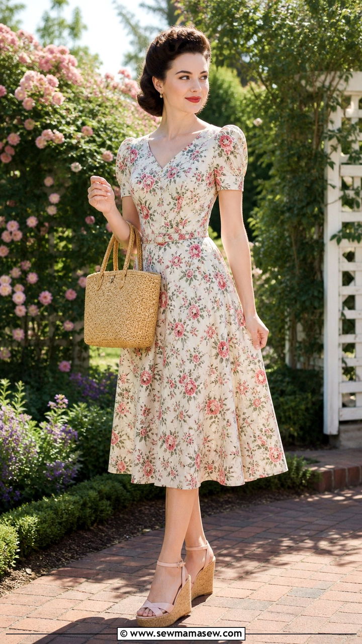 1940s Tea Dress With Wedge Shoes - 40 Vintage outfit ideas