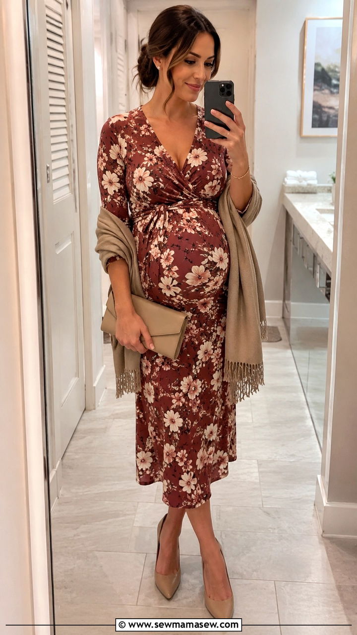 34 Sleeve V Neck Wrap Dress With Heeled Pumps - 25 wedding guest outfits for pregnant women