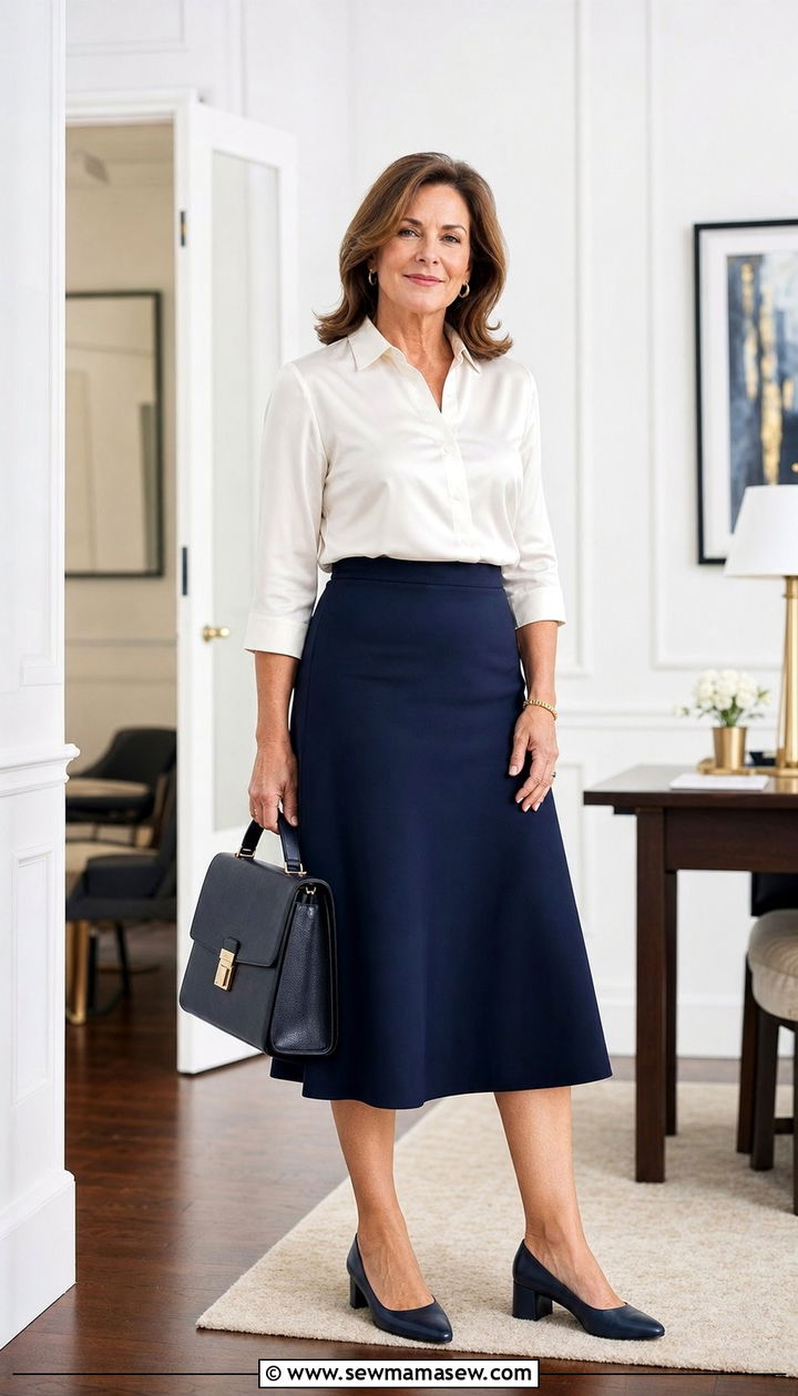 34 sleeve blouse with A line midi skirt and pumps - 25 Cover up outfit ideas for women over 50