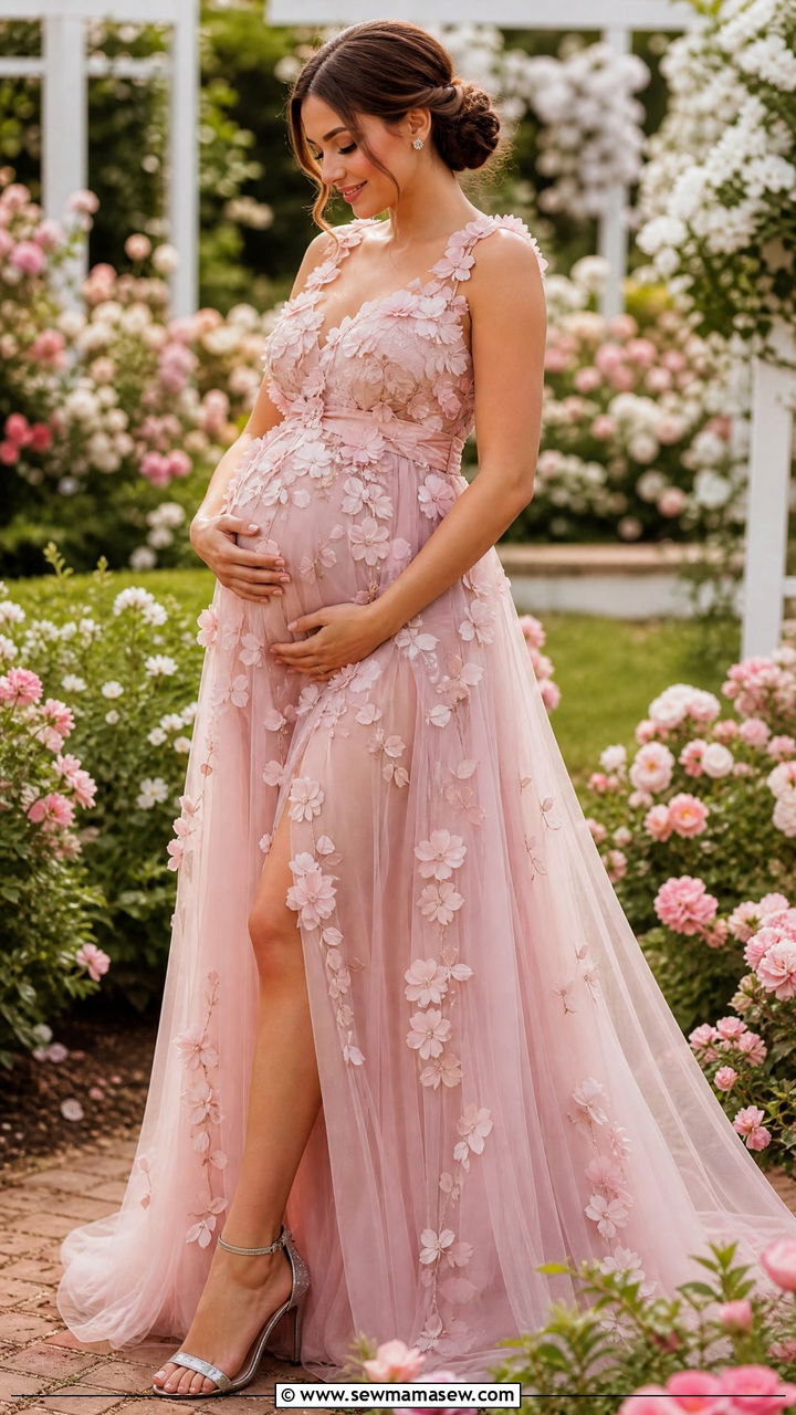 3D Floral Applique Maternity Dress Photoshoot - 25 Maternity photo outfit ideas 2026