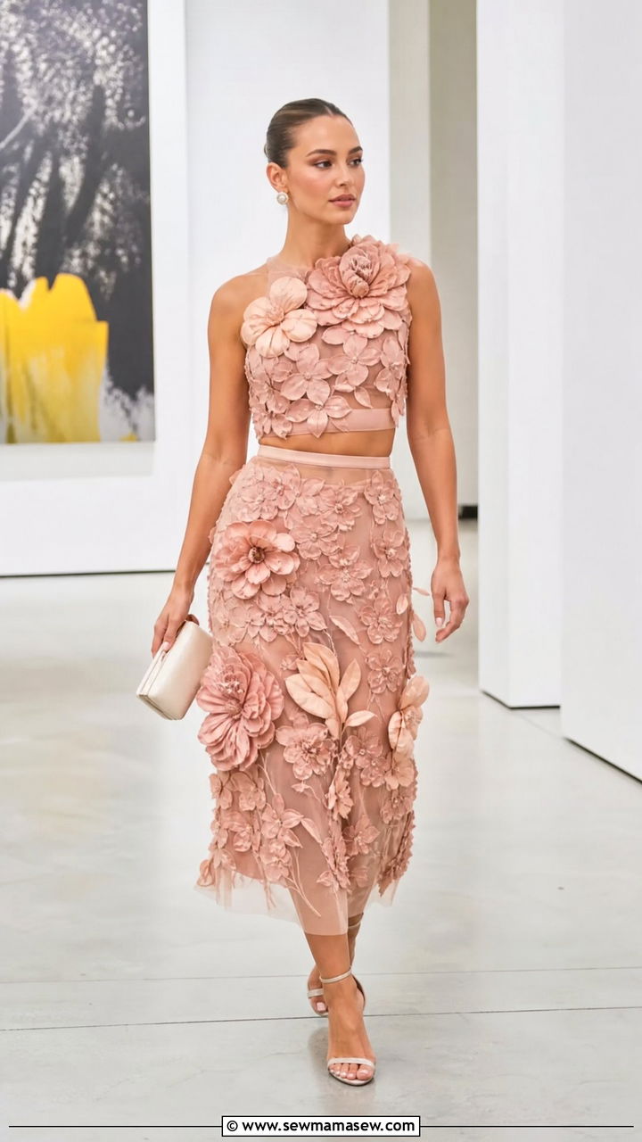 3D Floral Applique Top and Skirt Set - 25 Matching set outfit ideas floral