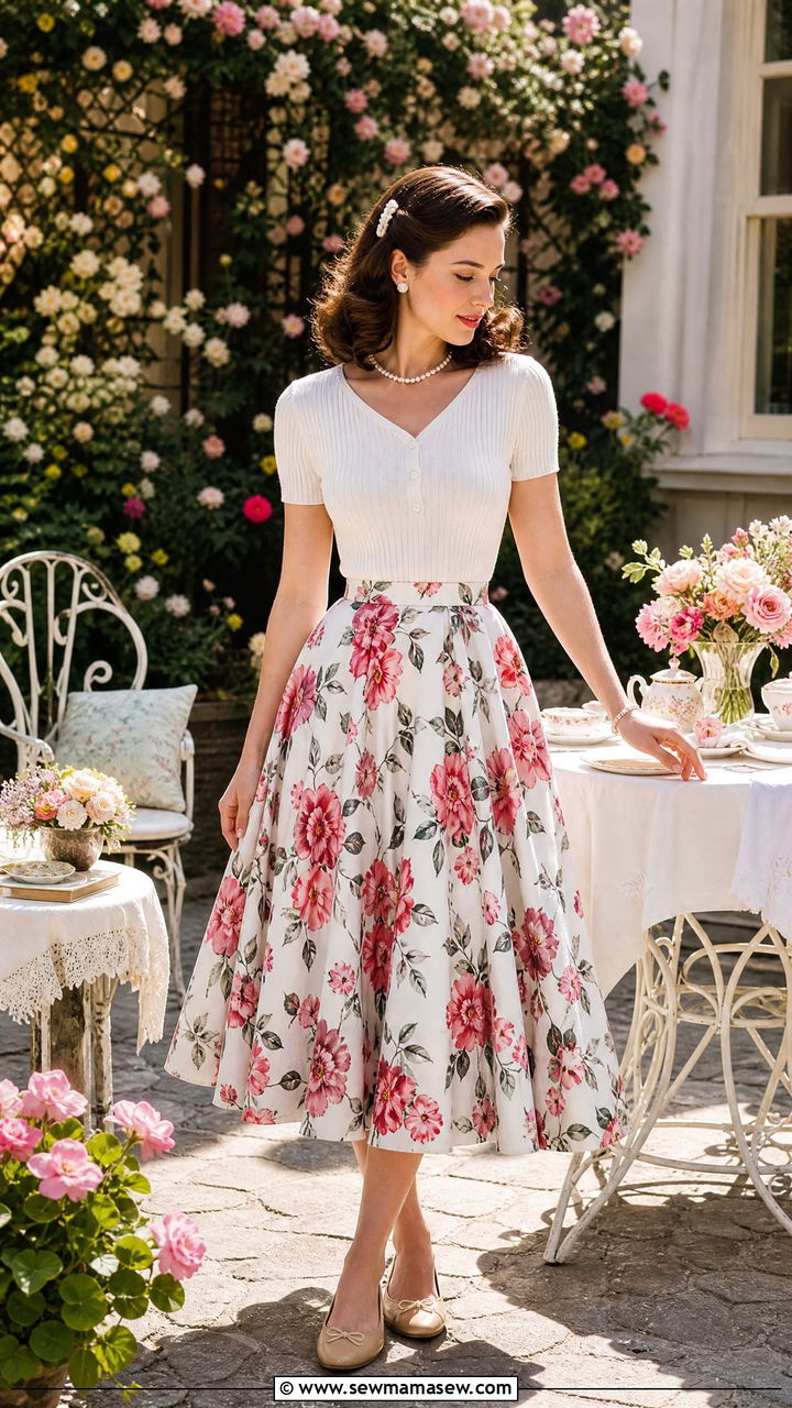 50s Circle Skirt With A Fitted Knit Top And Ballet Flats - 25 spring retro summer outfit ideas