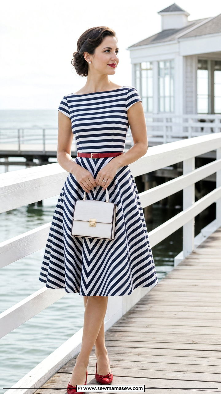 50s Nautical Stripe Dress With Red Accents - 30 summer vintage outfit ideas