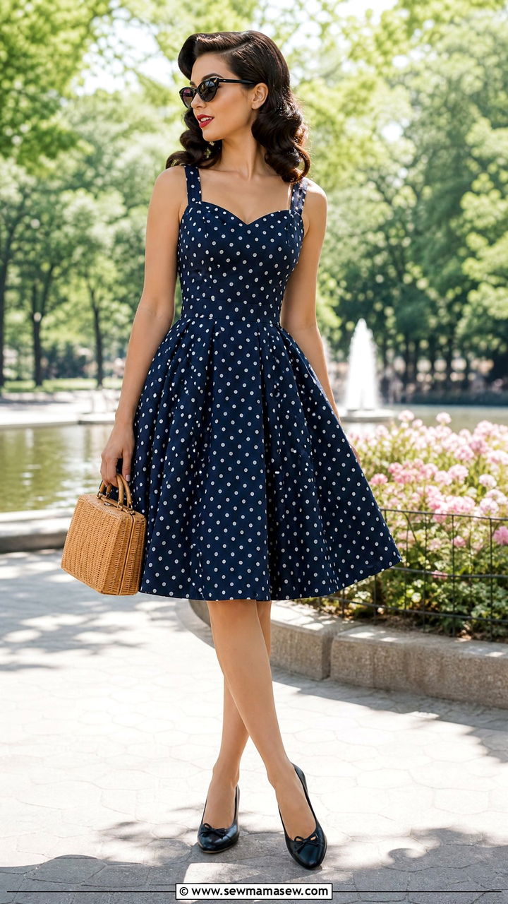 50s Polka Dot Swing Dress With Cat Eye Sunglasses - 30 summer vintage outfit ideas